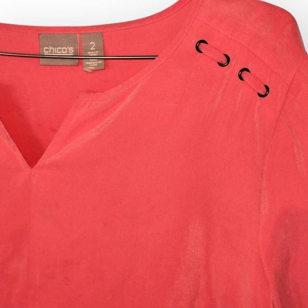 Chicos Peach Silk Blouse Sz 2 US 12 | Roll Tab Sleeve Coastal Classic Beachy Top - Picture 5 of 9